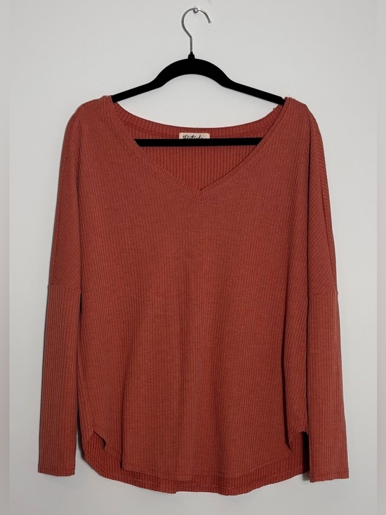 Listicle Tops - Listicle Terracotta Mauve Ribbed V Neck Oversized Top Size Small Stretch Casual